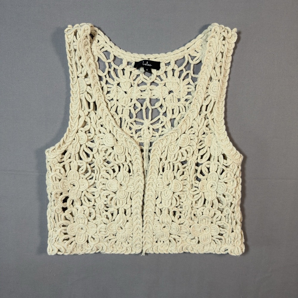 Lulus Floral Crochet Vest Womens M Ivory Cream Open Front Boho Festival